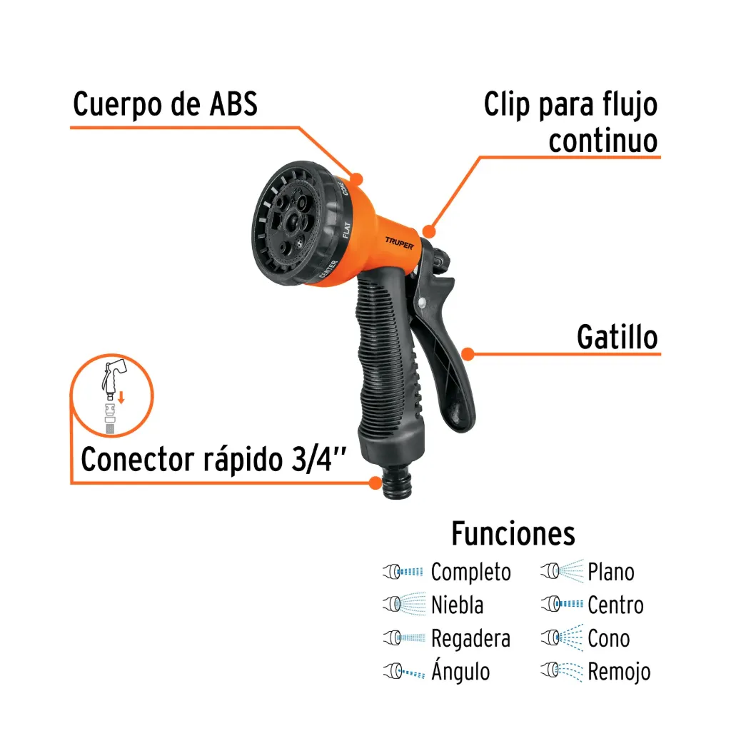 Pistola para riego de 8 funciones plástica con recubrimiento, 