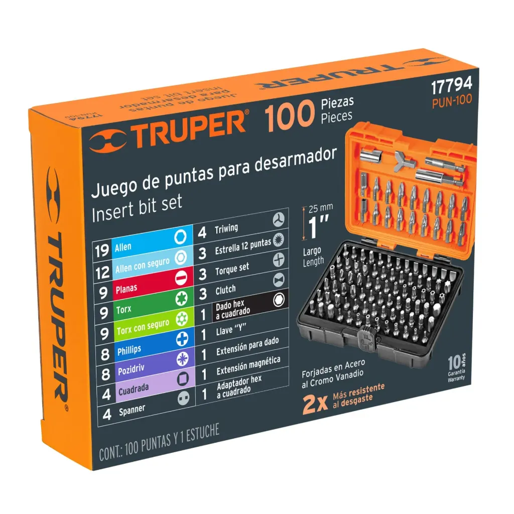 Juego de 100 puntas mixtas largo 1' en estuche plástico, 