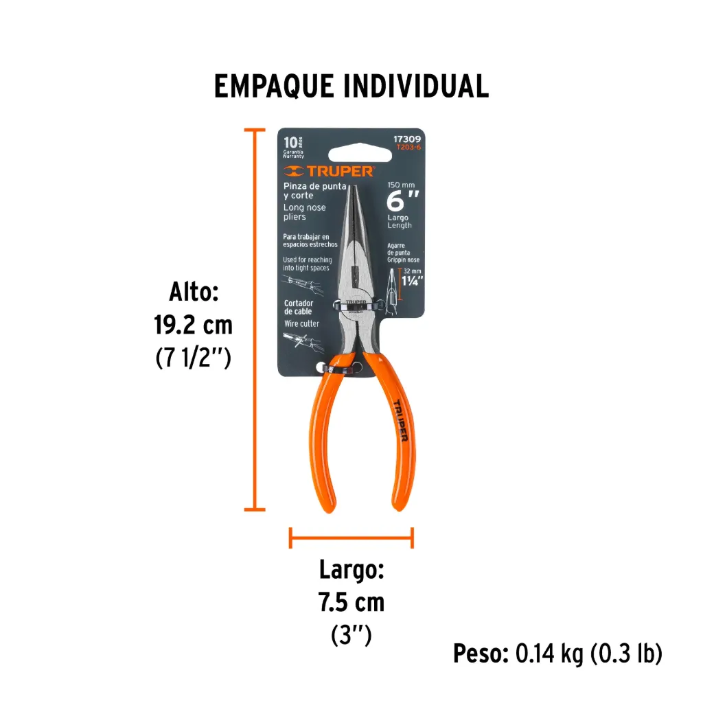 Pinza de punta y corte 6' mango de PVC, Truper, 