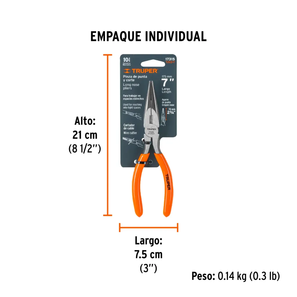 Pinza de punta y corte 7' mango de PVC, Truper, 