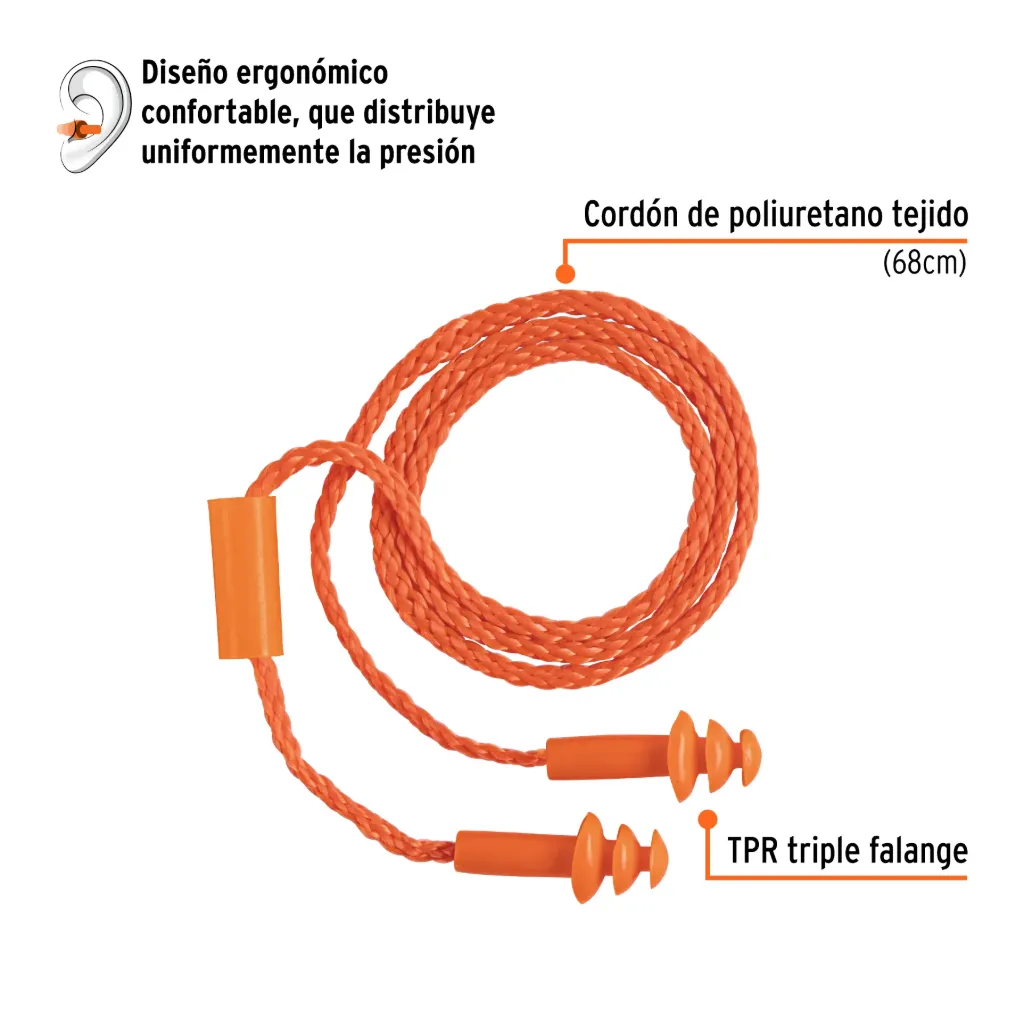 [14225-TA-3B] Tapón auditivo reutilizable triple barrera con cordón, 