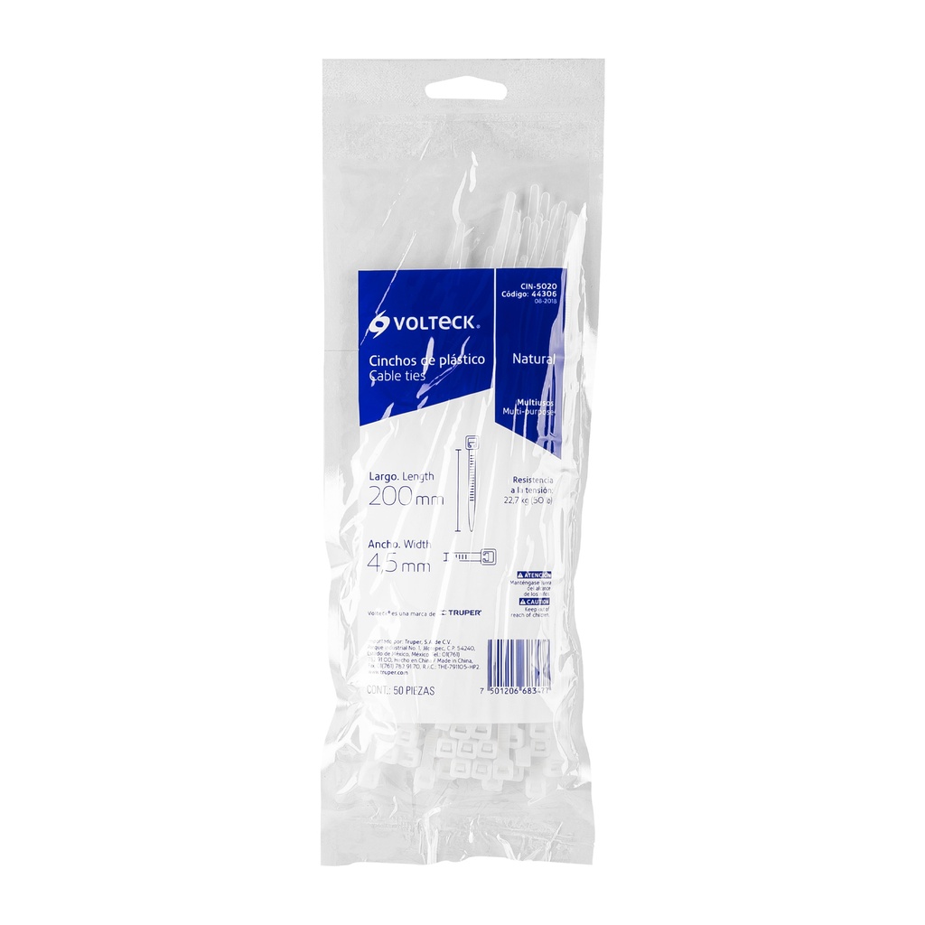 Bolsa con 50 cinchos plásticos 50 lb, 200x4.5 mm, naturales, 