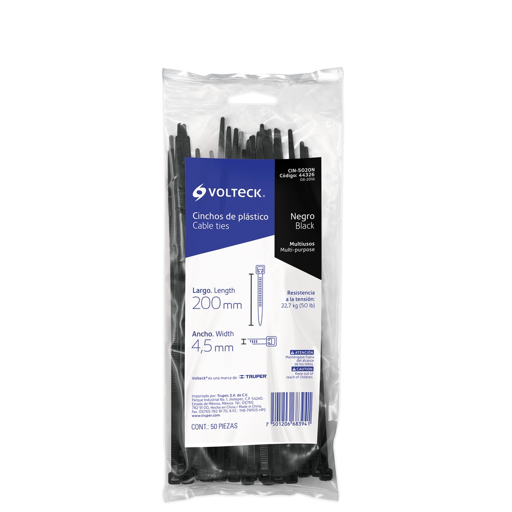 Bolsa con 50 cinchos plásticos 50 lb, 200x4.5 mm, negros, 