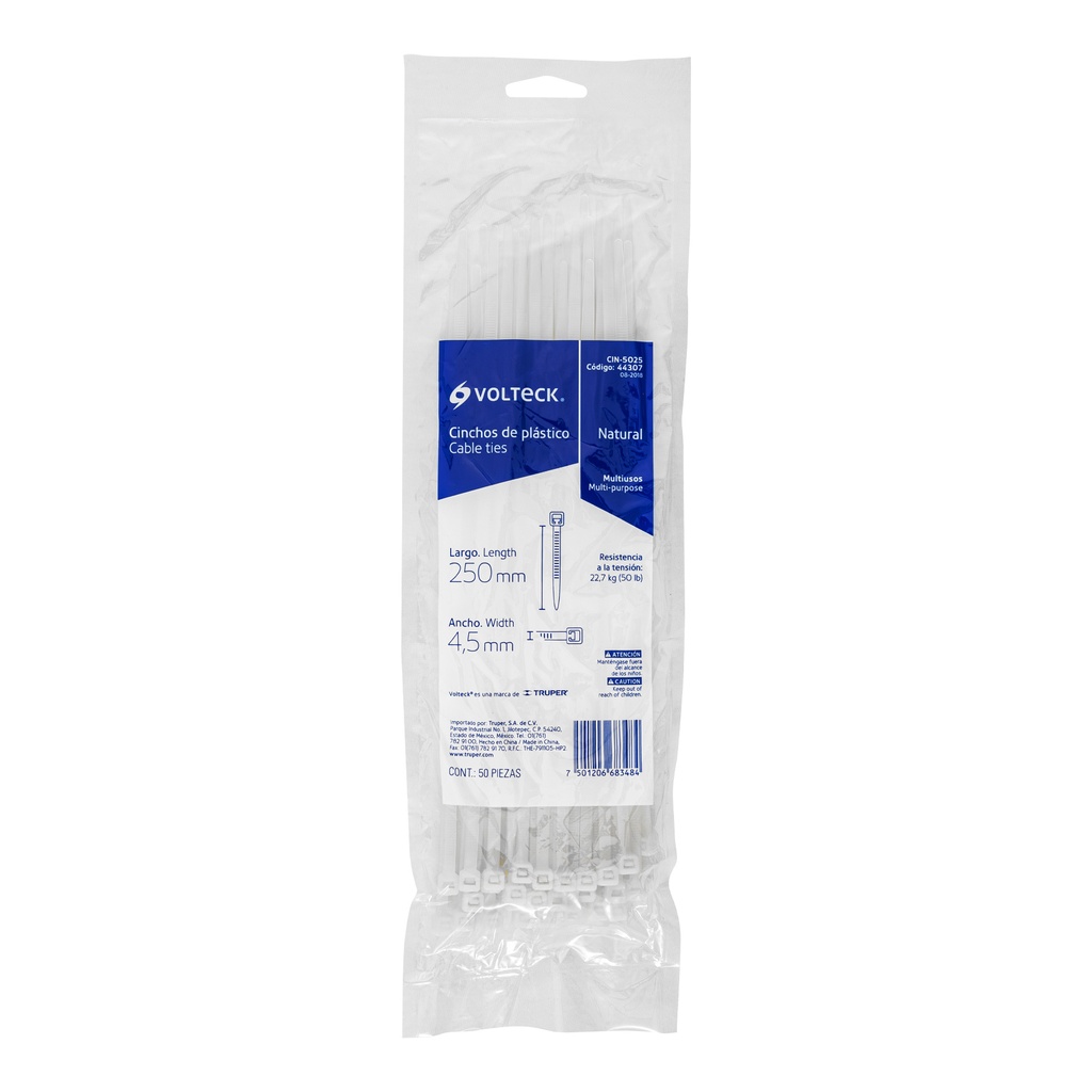 Bolsa con 50 cinchos plásticos 50 lb, 250x4.5 mm, naturales, 