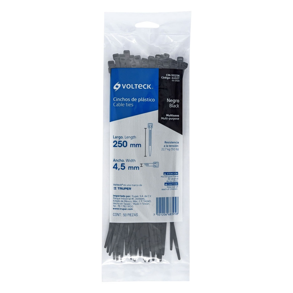 Bolsa con 50 cinchos plásticos 50 lb, 250x4.5 mm, negros, 