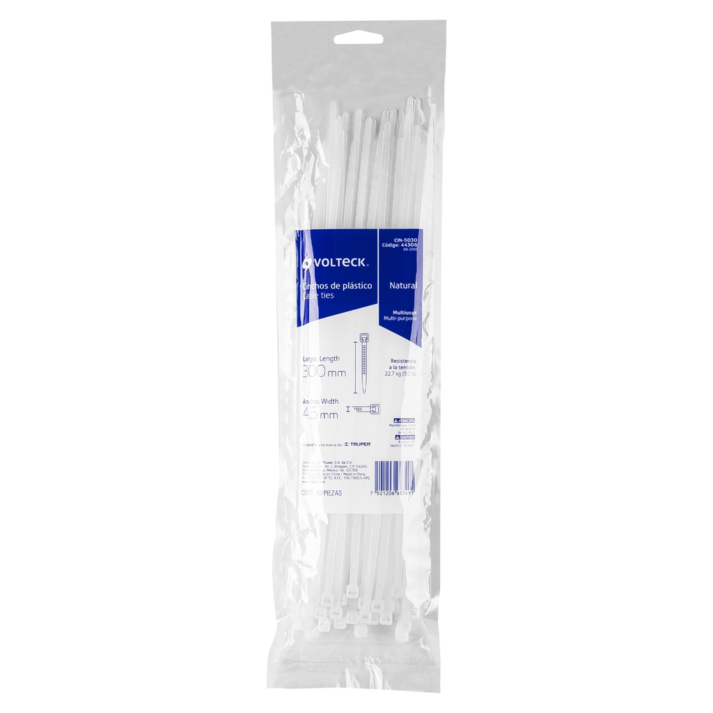 Bolsa con 50 cinchos plásticos 50 lb, 300x4.5 mm, naturales, 