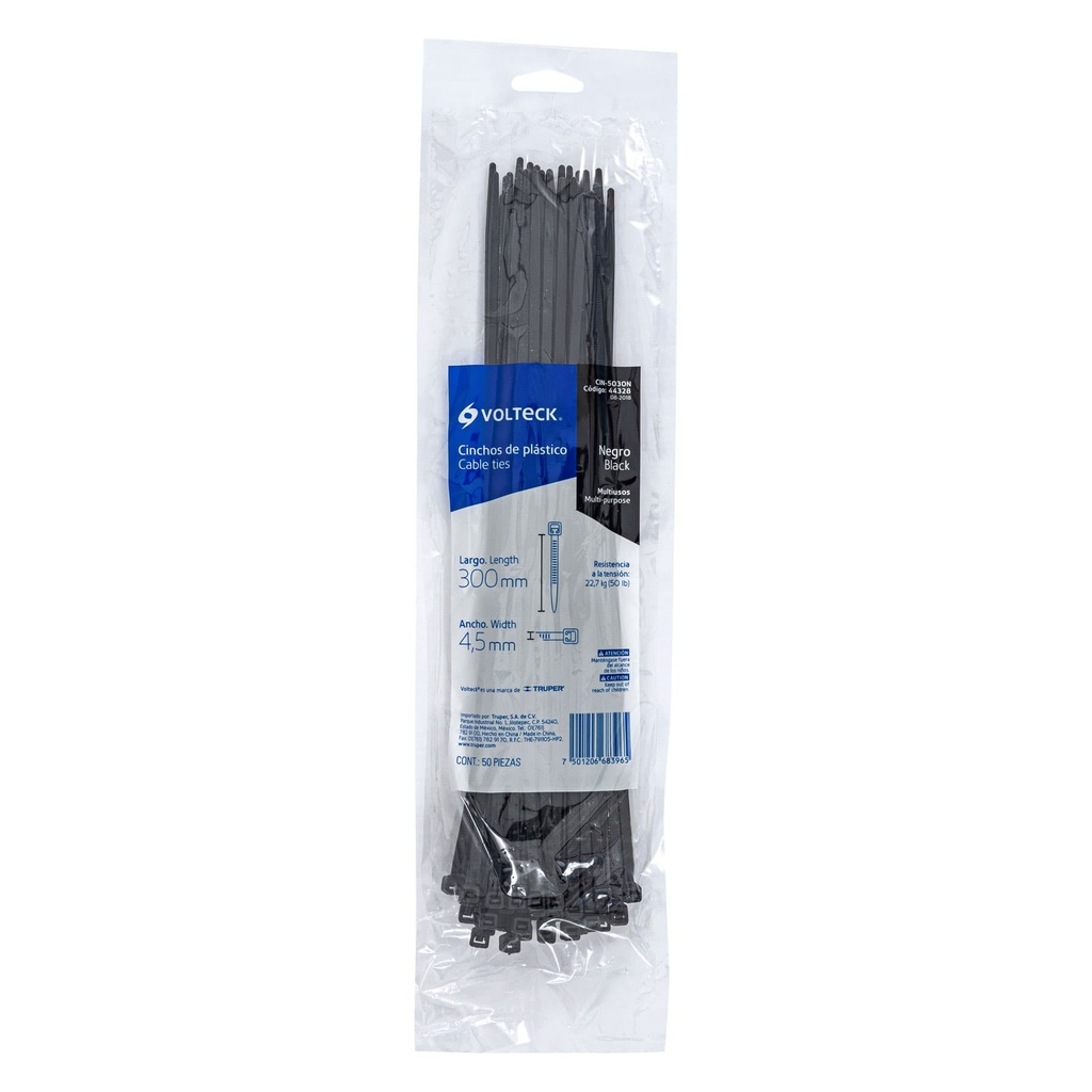 Bolsa con 50 cinchos plásticos 50 lb, 300x4.5 mm, negros, 