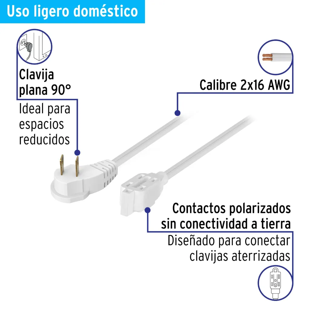 Extensión eléctrica doméstica 10 m clavija plana, blanca, 