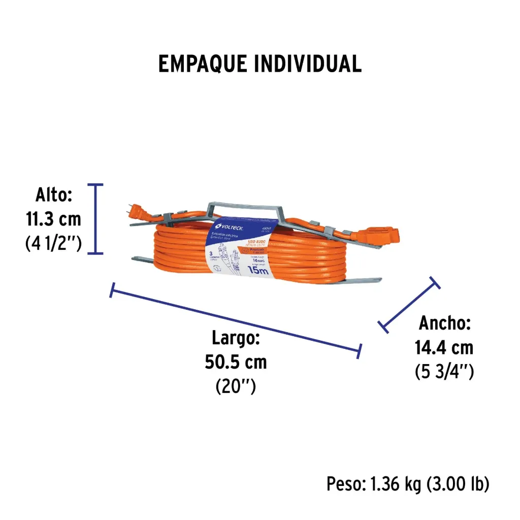 Extensión eléctrica de uso rudo 15 m 2x16 AWG, Volteck, 
