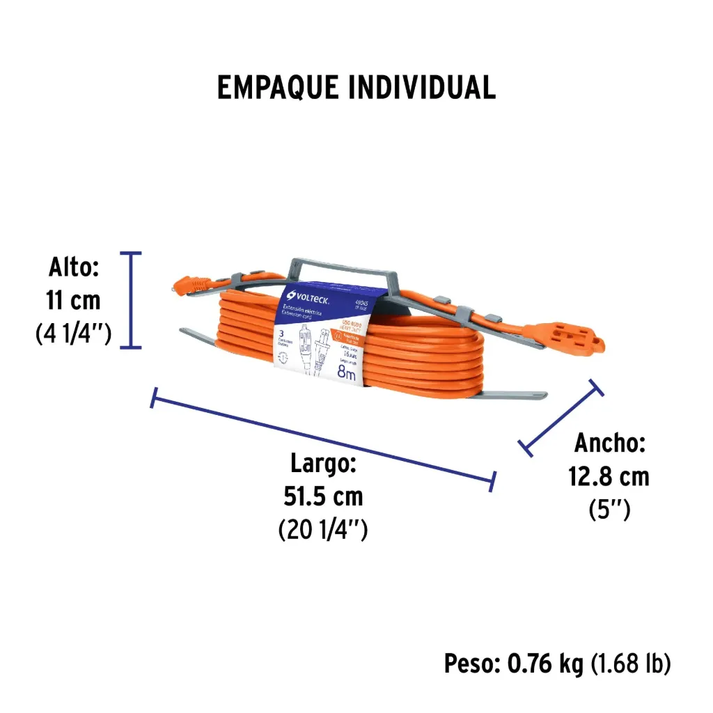 Extensión eléctrica de uso rudo 8 m 2x16 AWG, Volteck, 