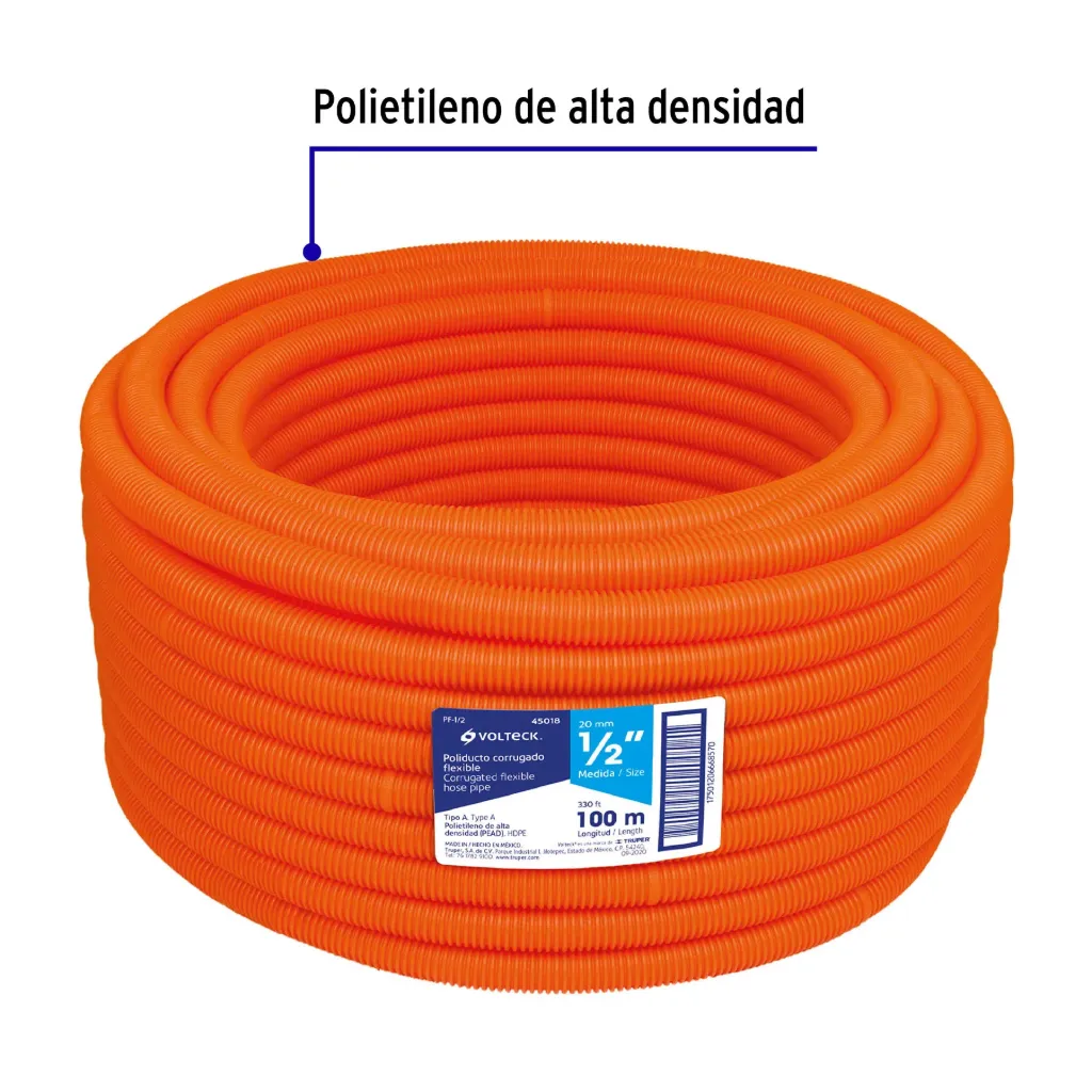 Metro de poliducto 1/2' corrugado flex. s/guía, rollo 100 m, 
