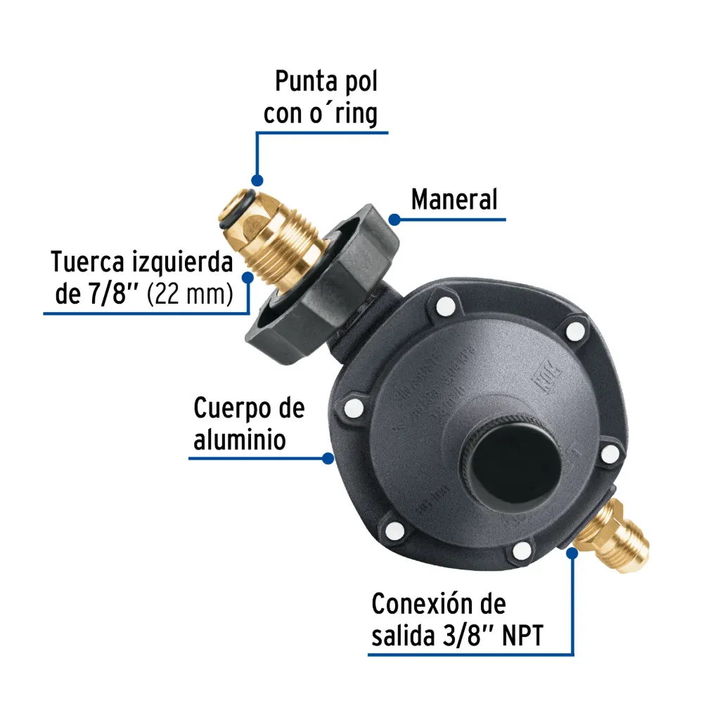Regulador de gas LP, 1 vía, con maneral, baja presión