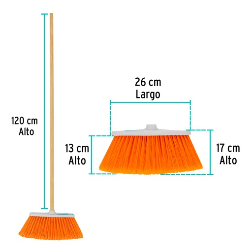 [57054-ES-200C] Escoba mediana tipo cepillo, cerdas de PVC, bastón de madera, 