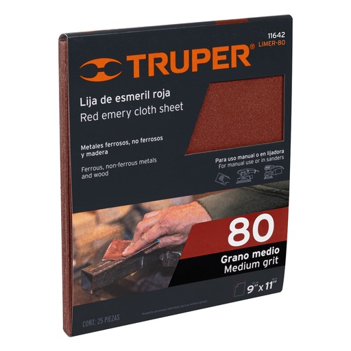 [11642-LIMER-80] Lija de esmeril roja grano 80 de óxido de aluminio, Truper, 