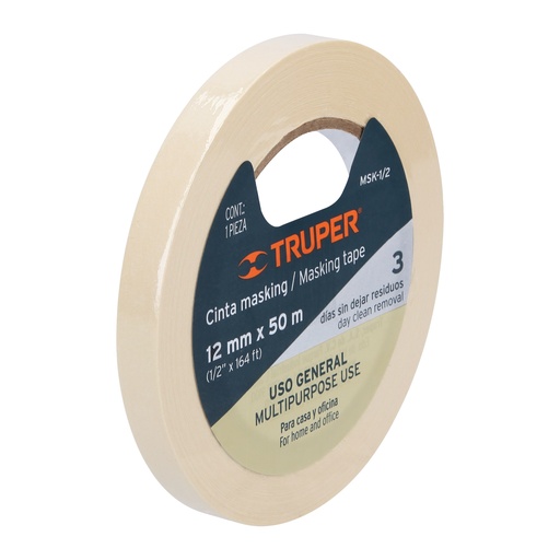 [12589-MSK-1/2] Cinta masking tape de 1/2' x 50 m, Truper, 