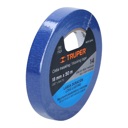 [12621-MSK-3/4A] Cinta masking tape azul de 3/4' x 50 m para pintor, Truper, 