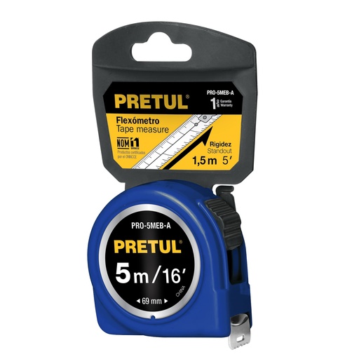 [21610-PRO-5MEB-A] Flexómetro azul 5 m cinta 19 mm, en tarjeta, PRETUL, 
