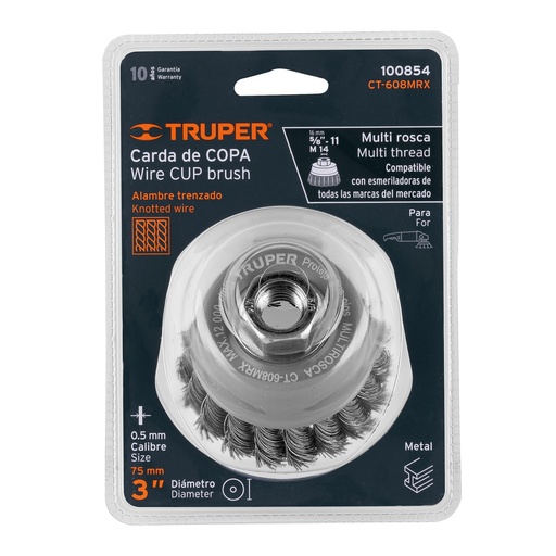 [100854-CT-608MRX] Carda copa 3' alambre trenzado grueso, Multi-rosca, Truper, 