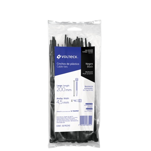 [44326-CIN-5020N] Bolsa con 50 cinchos plásticos 50 lb, 200x4.5 mm, negros, 
